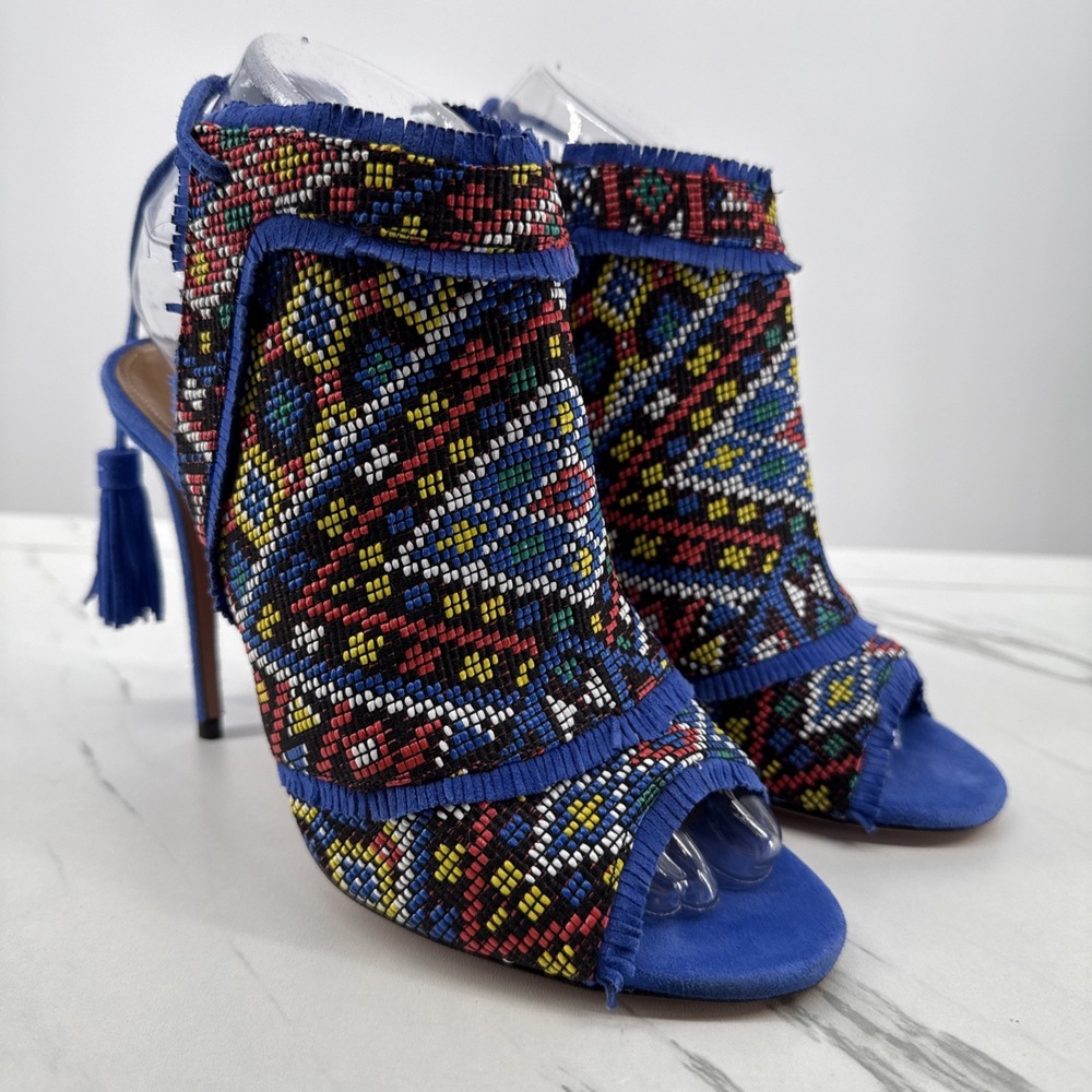 Aquazzura Colorado Ankle Heeled Booties Women US 7 BeadedAztec Tassel Suede Blue